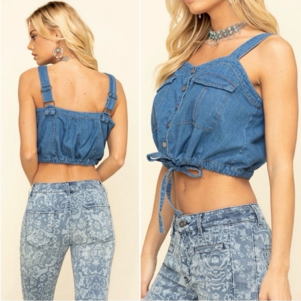 Free People We The Free Palm Desert Crop Denim Top Front Adjustable Strap XL - Picture 4 of 11